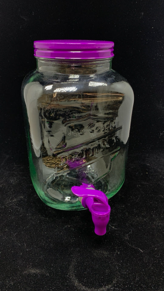 GLASS JAR DRINK DISPENSER W/PURPLE LID.