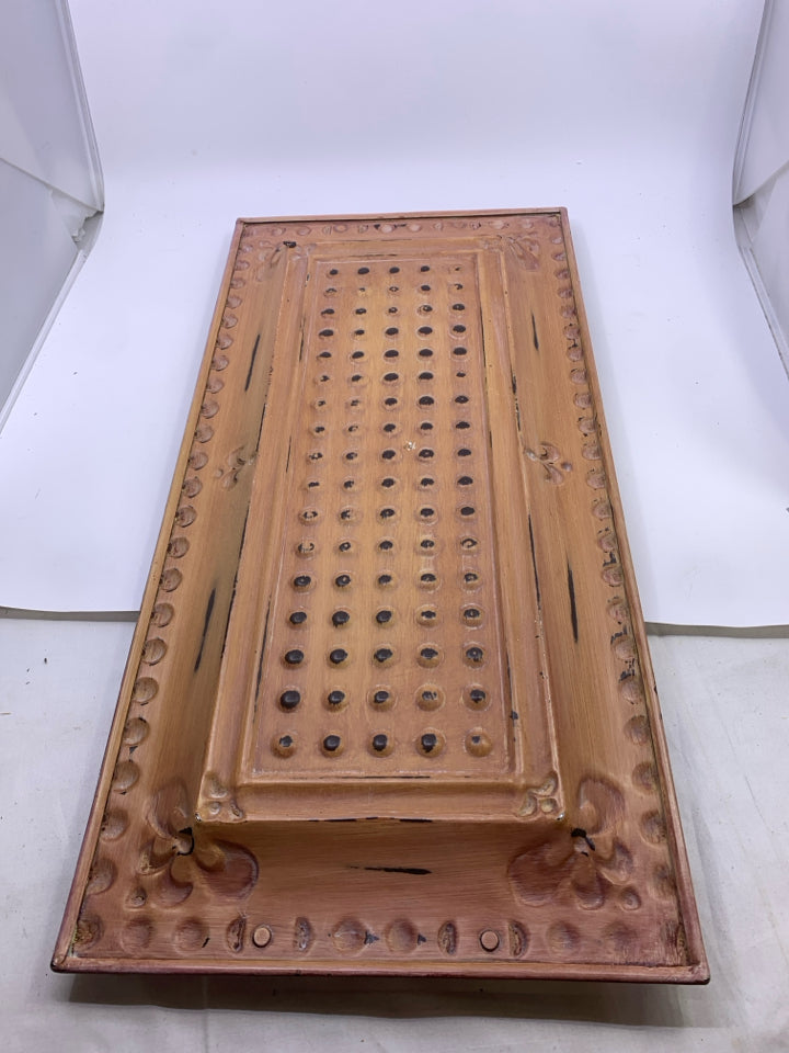 PURPLE RUSTIC METAL RECTANGULAR TRAY W/HANDLES.