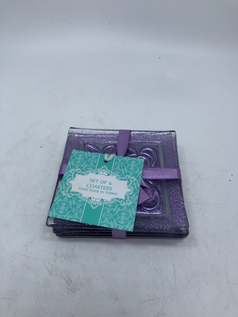NWT 4 PURPLE GLASS COASTERS.