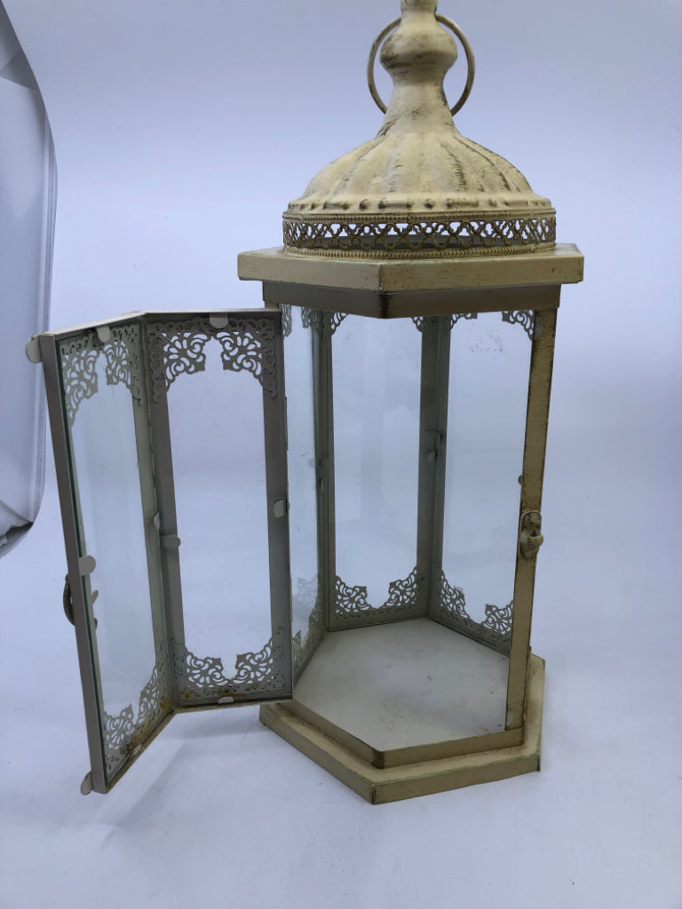 CREAM DISTRESSED GLASS PANES LANTERN 14 "h X 6" X 6"