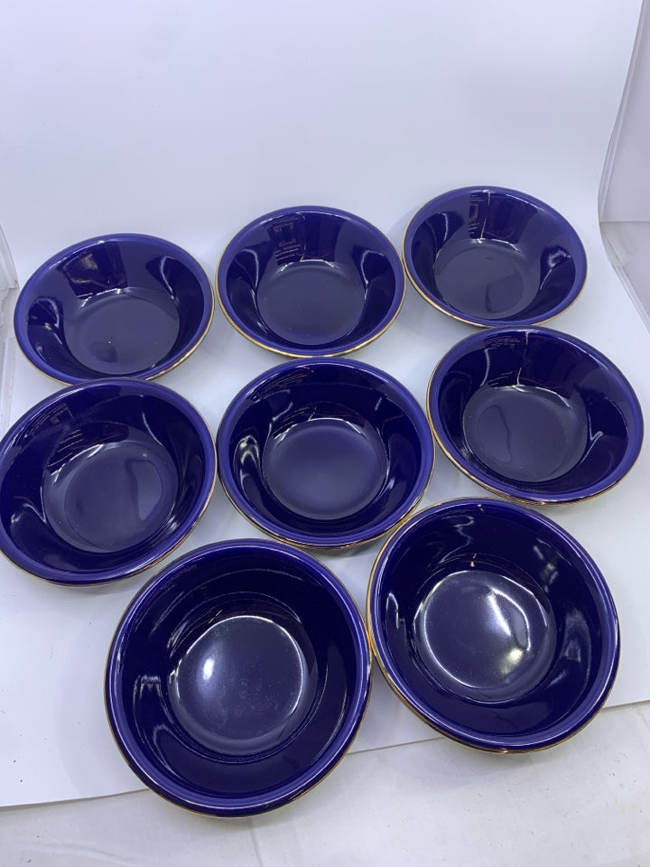 8 BLUE W GOLD RIM BOWLS.
