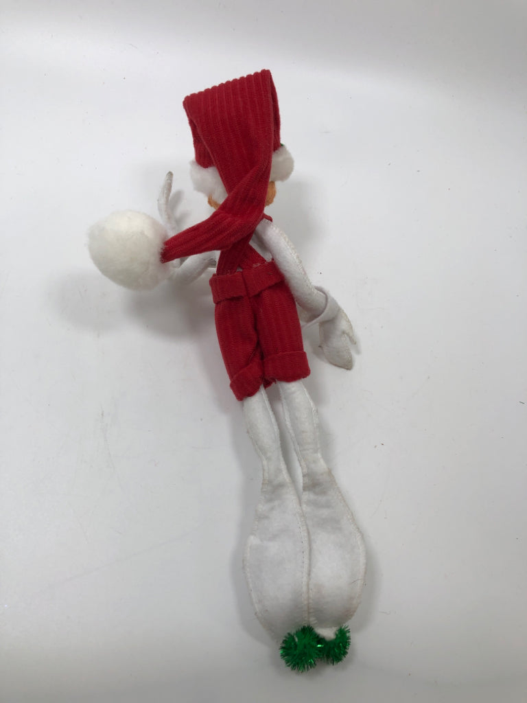 ANNALEE MINI ELF IN RED OVERALLS.
