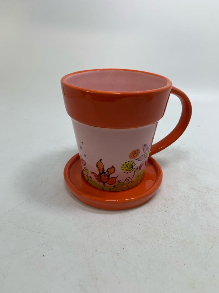 PINK ORANGE FLOWER POT FLORAL MUG W/ SAUCER 2006.