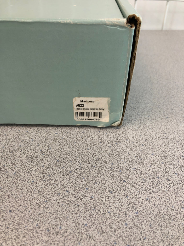 MARIPOSA PEARLED ALUMINUM OBLONG CASSEROLE CADDY IN BOX.