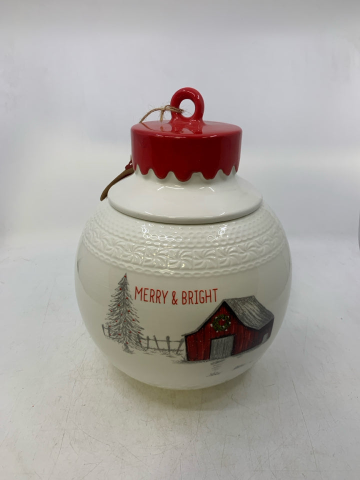 WHITE ORNAMENT SHAPED W/ RED BARN MERRY & BRIGHT.