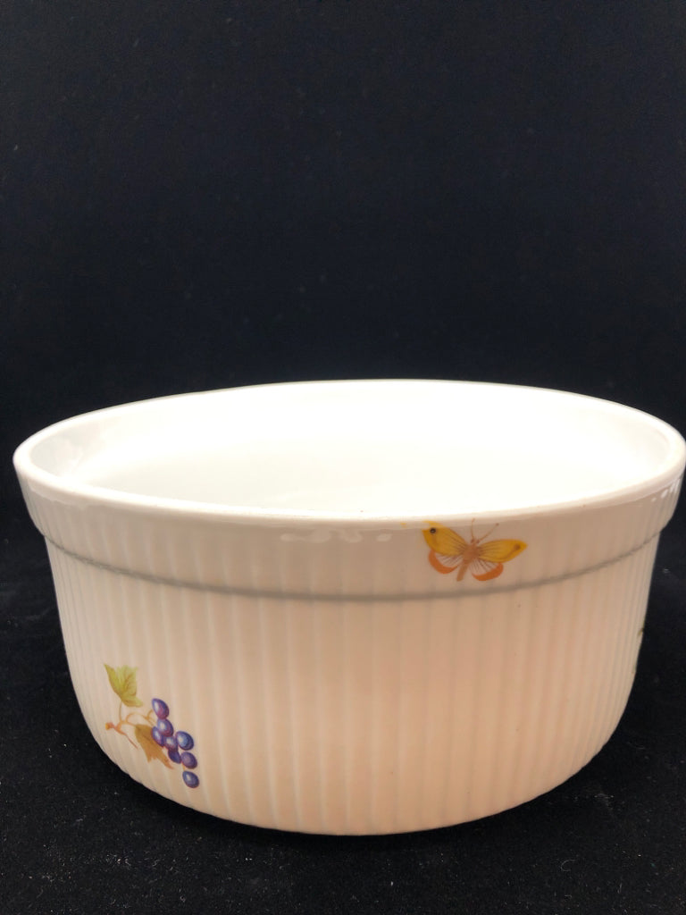 SOUFFLE PORCELAIN DISH W/FRUIT DESIGNS.