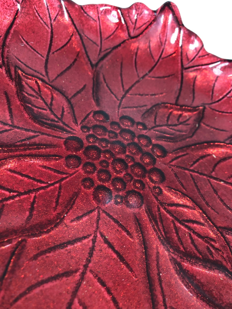 RED POINSETTIA SHAPED GLASS DISH.