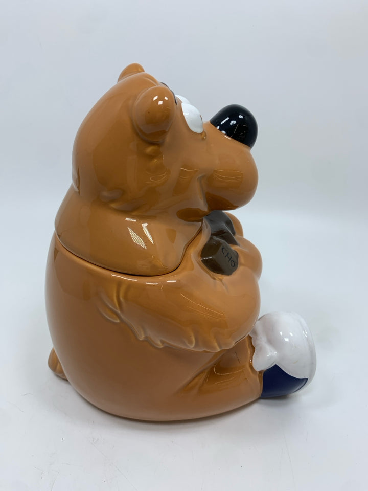 VTG SID BEAR CHOCOLATE BAR CERAMIC CANDY JAR W/LID.