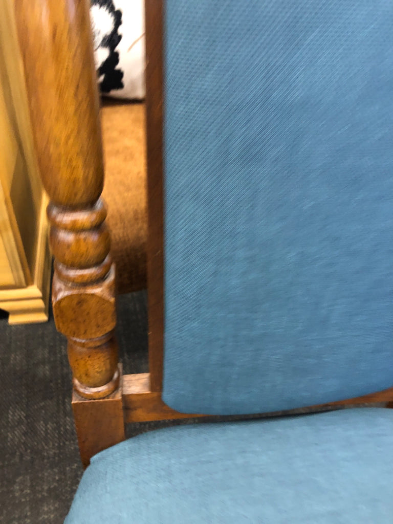 4 DARK WOOD-BLUE UPHOLSTERED DEPRESSION ERA DINING CHAIRS 2 WITH ARM, 2 WITHOUT.