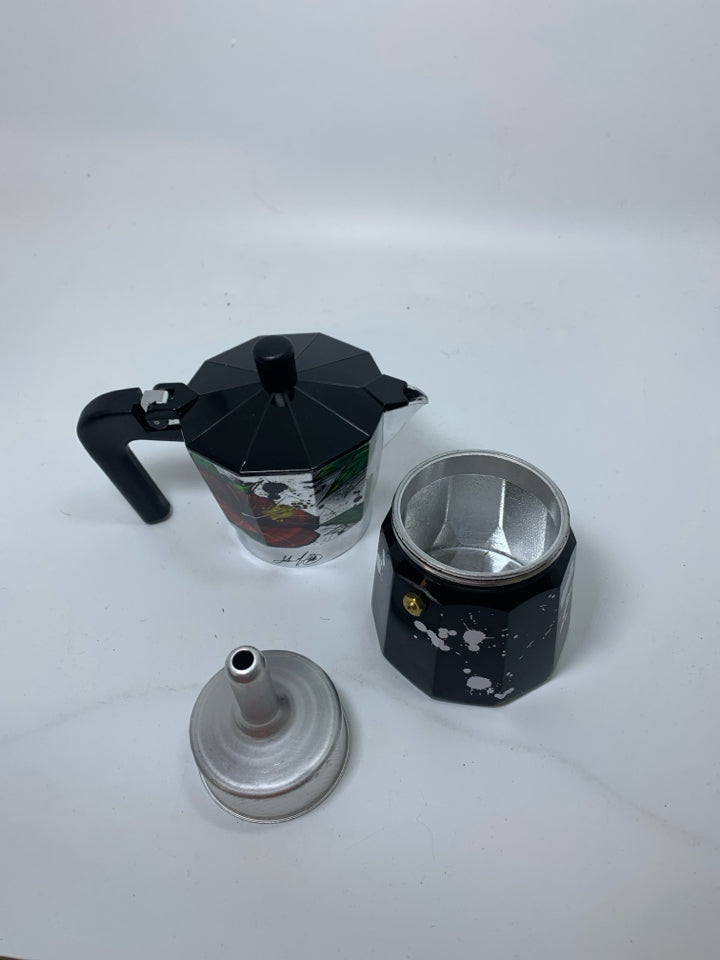 COCINA CRIOLLA ALUMINUM COFFEE MAKER W/ TREE FROG & PAINT SPLATTER.