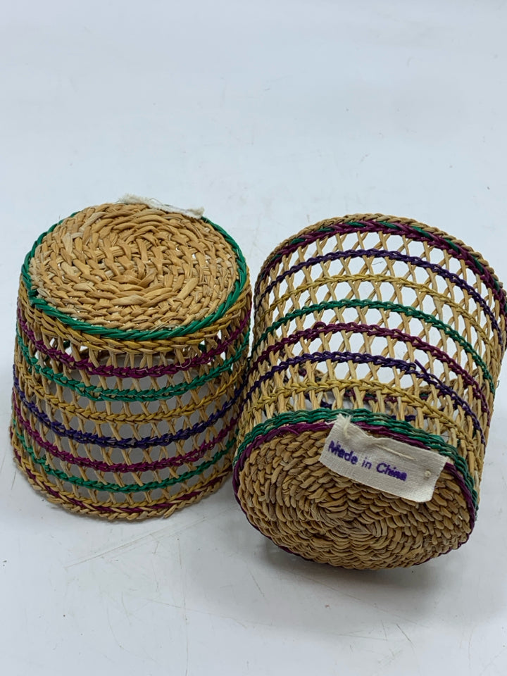 12 BASKET WEAVE RATTAN CUPS SLEEVES.