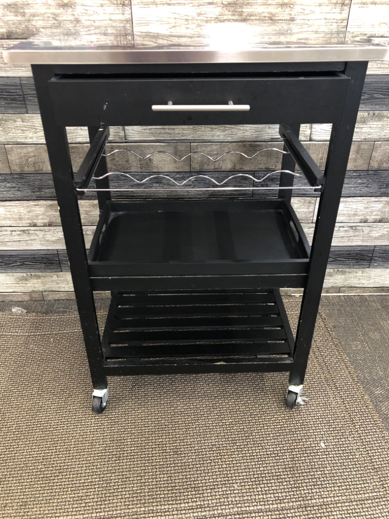 BLACK W STAINLESS STEEL METAL CART ON WHEELS.