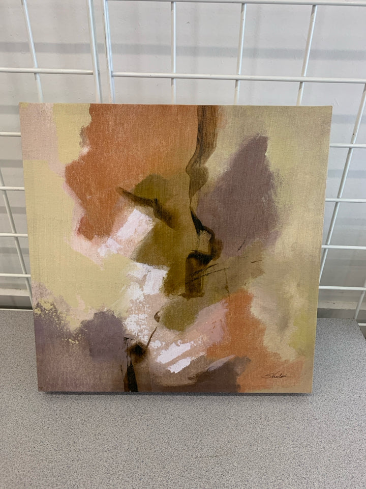 ABSTRACT GREEN/ORANGE/PURPLE CANVAS WALL HANGING.