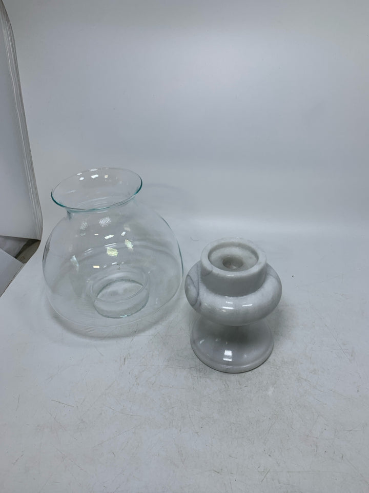 WHITE MARBLE BASE W/ GLASS SHADE TAPERED CANDLE HOLDER.
