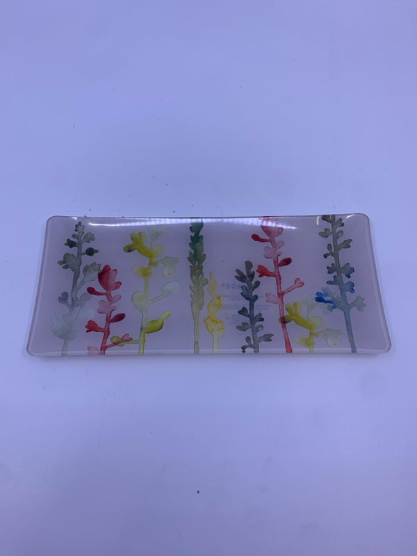 SMALL GLASS RECTANGLE TRINKET TRAY W/ COLORFUL CORAL.