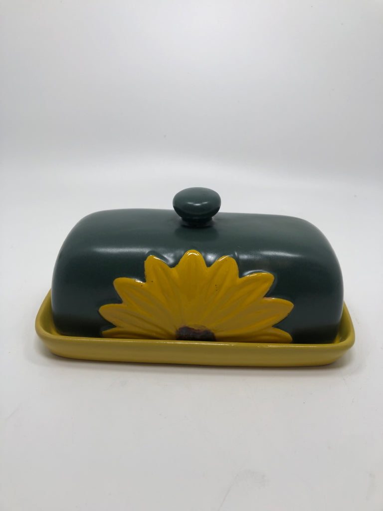 GREEN SUNFLOWER COVERED BUTTER DISH.