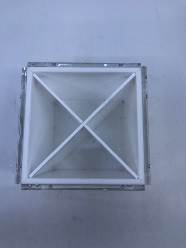 WHITE SQUARE LAZY SUSAN DIVIDED PENCIL HOLDER.
