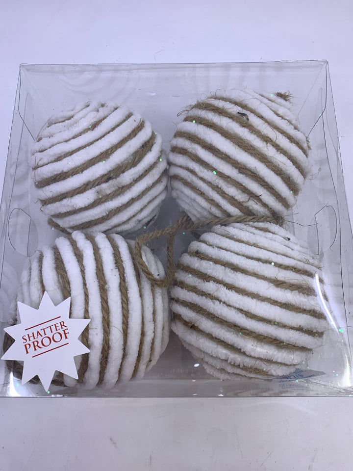 NIB 4 WHITE & TWINE GLITTER BALL ORNAMENTS.