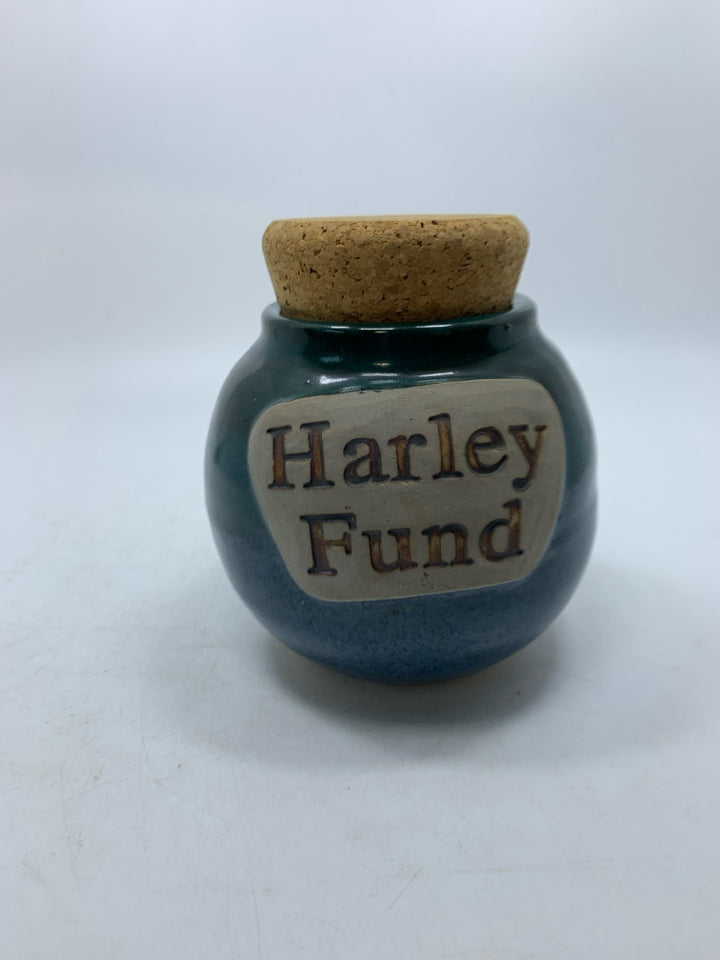 POTTERY HARLEY FUND JAR GREEN/BLUE.