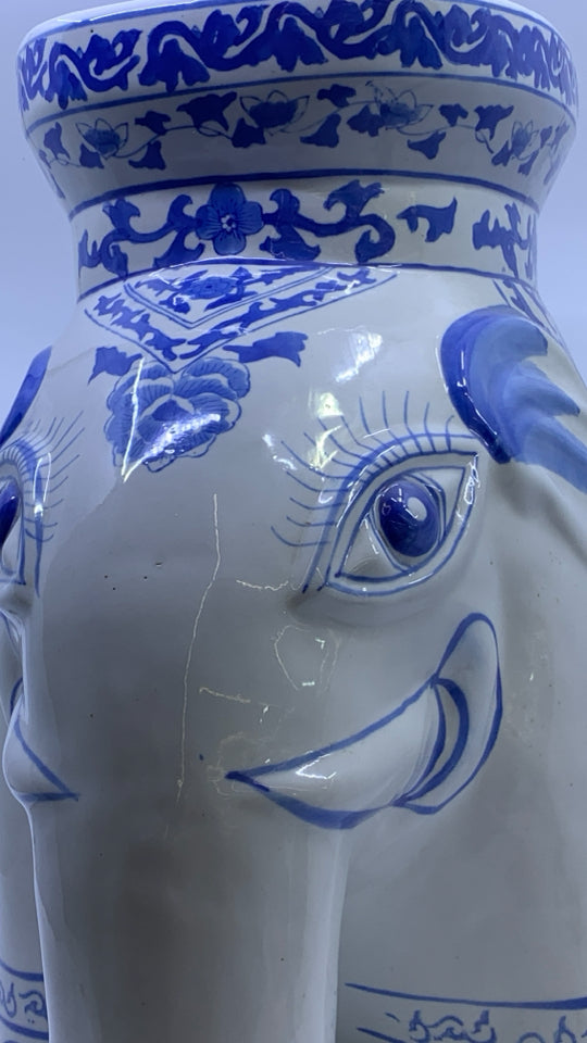 WHITE/BLUE LARGE CERAMIC ELEPHANT.