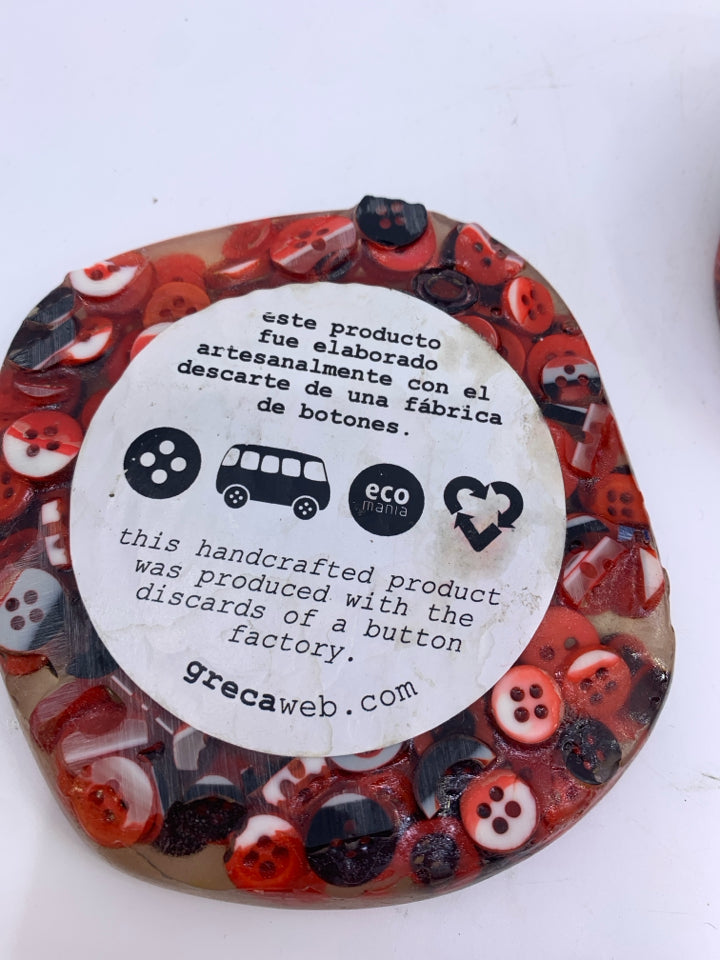 SMALL RECYLCLED RED BUTTON PLANTER W CATCH TRAY.