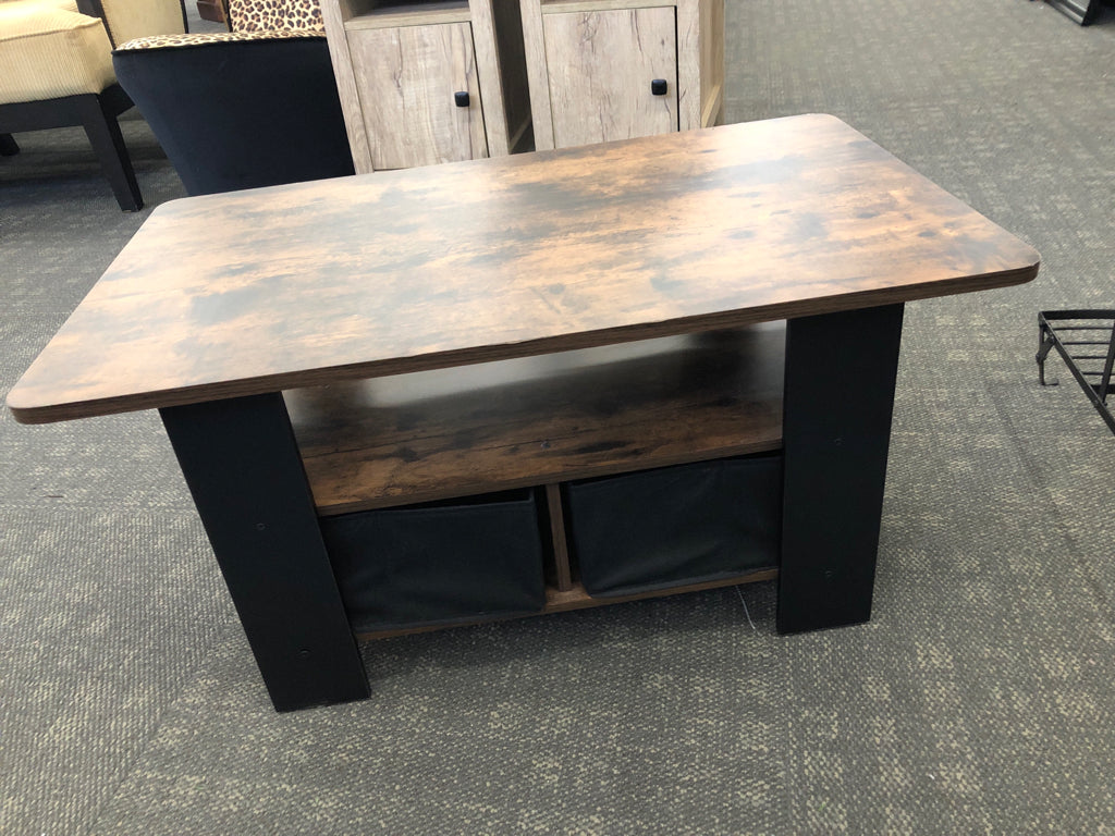 DARK WOOD COFFEE TABLE W/SIDE STORAGE.