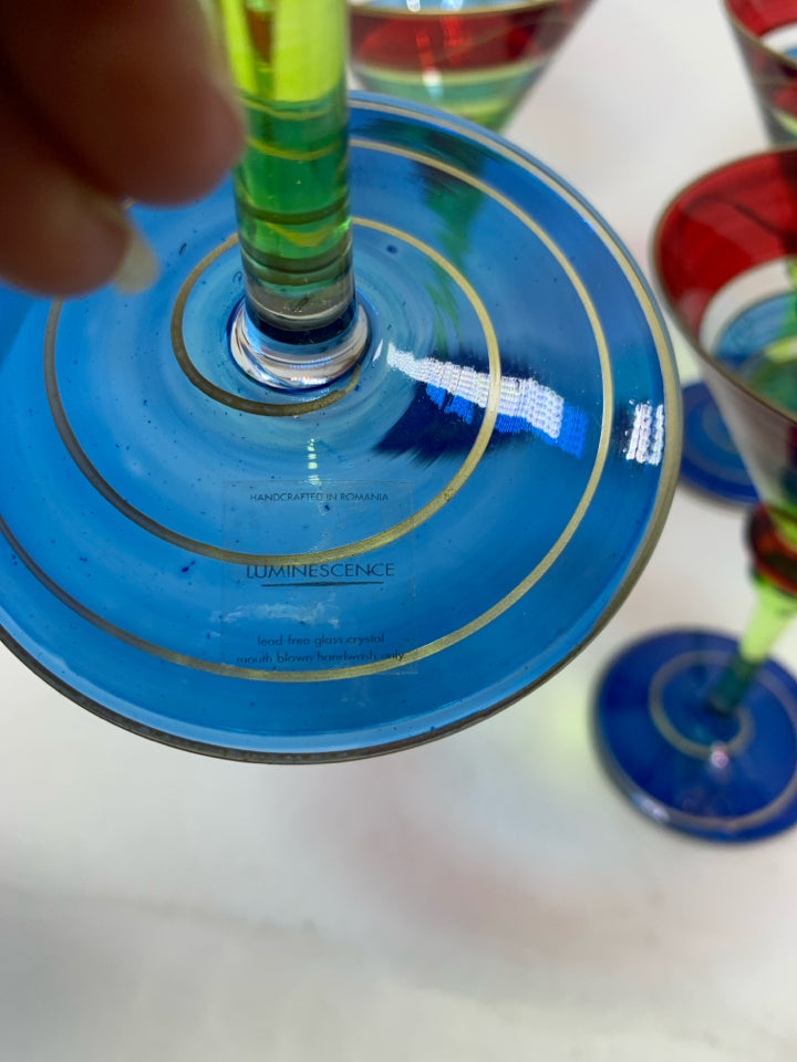 4 MULTI COLORED LUMINESCENCE MARTINI GLASSES.