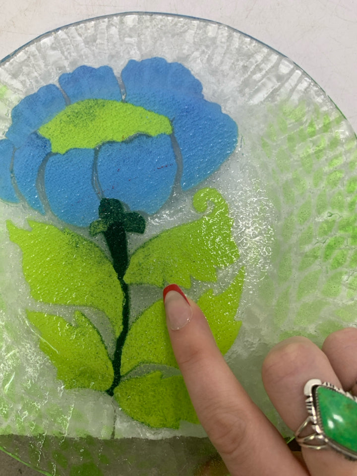 LIGHT BLUE FLOWER FUSED GLASS PLATE *SIGNED.