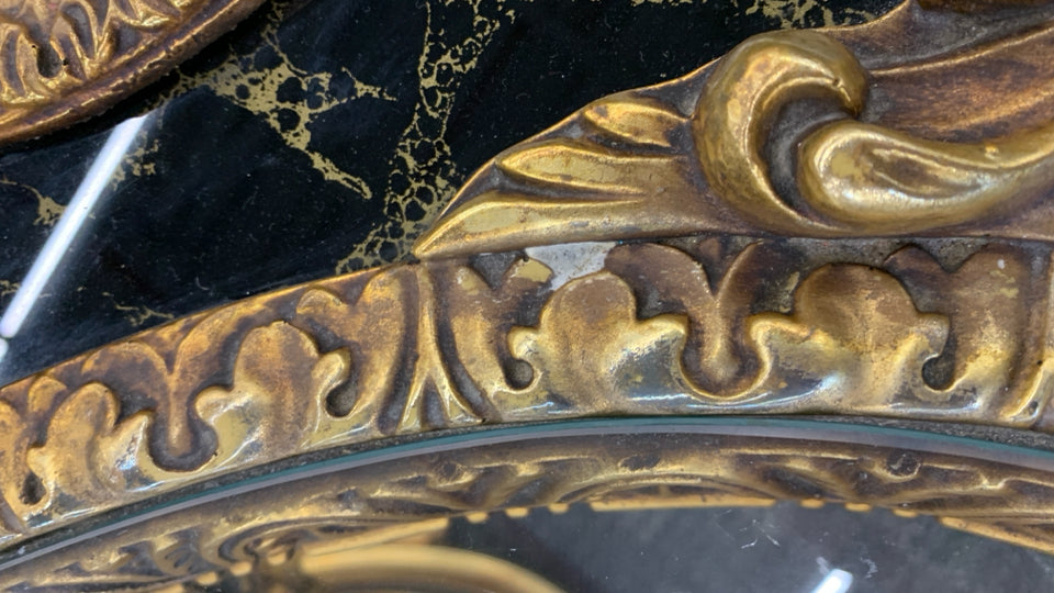 ORNATE GOLD COFFEE TABLE W/GLASS CENTER.