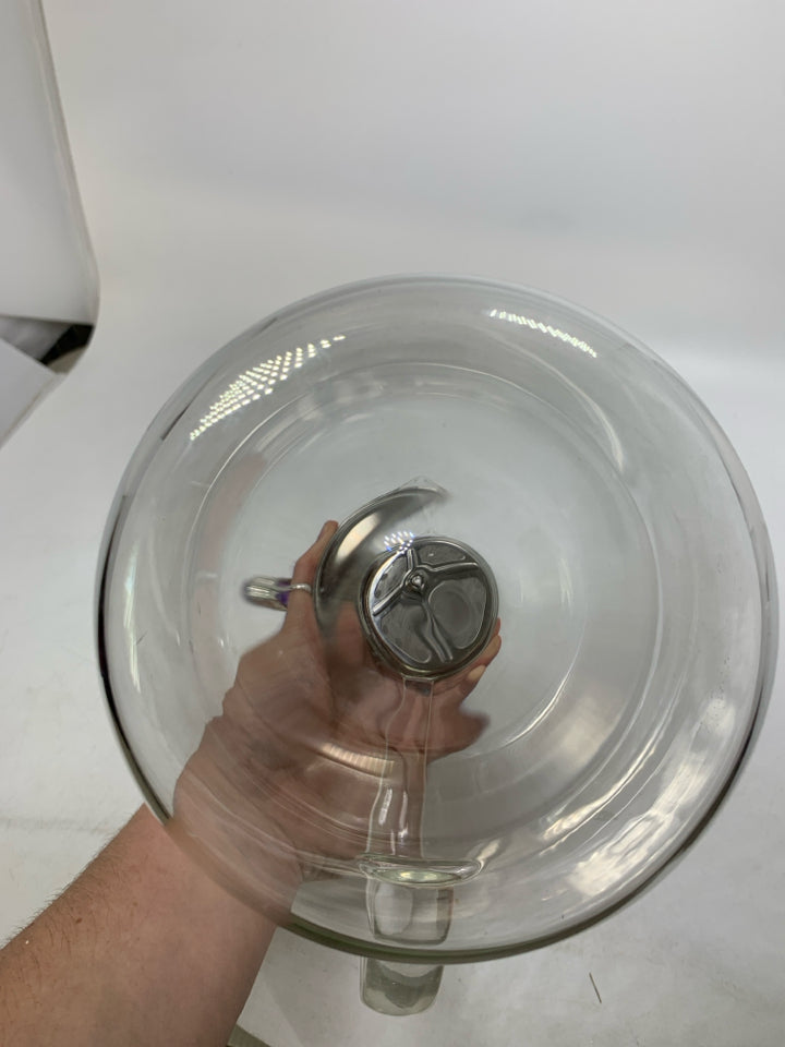CLEAR GLASS PITCHER W/ METAL TOP.