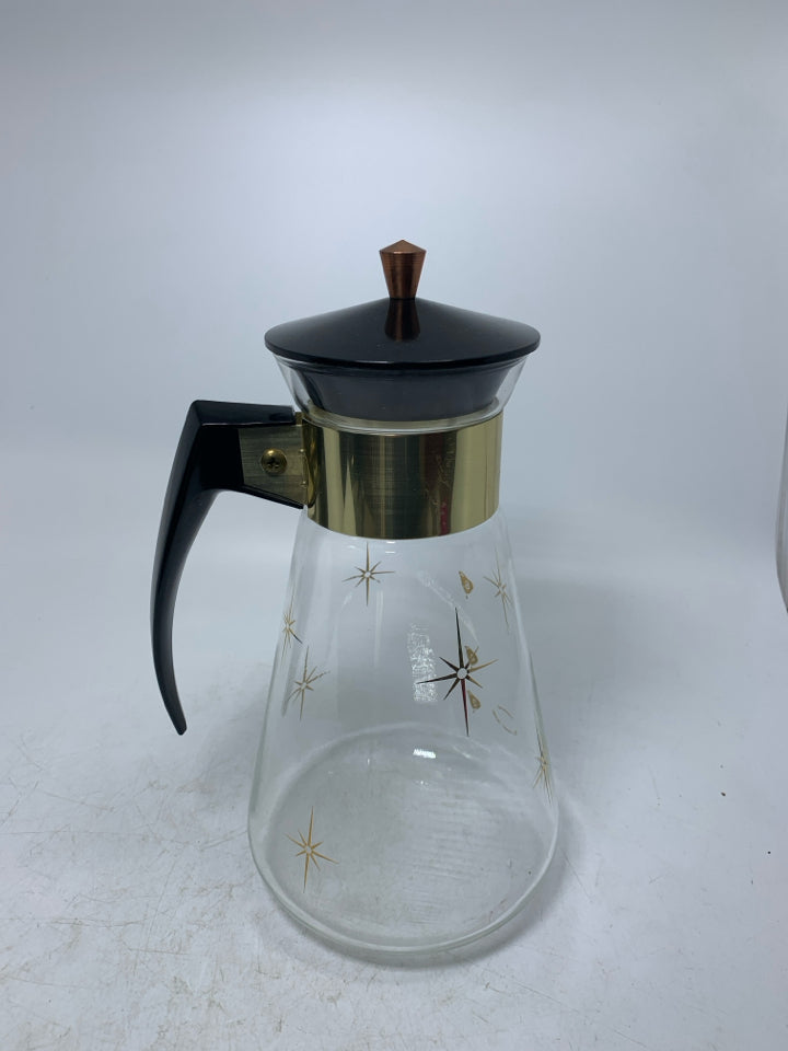 VTG ATOMIC GOLD STARBURST GLASS COFFEE POT/ CARAFE HEATPROOF.