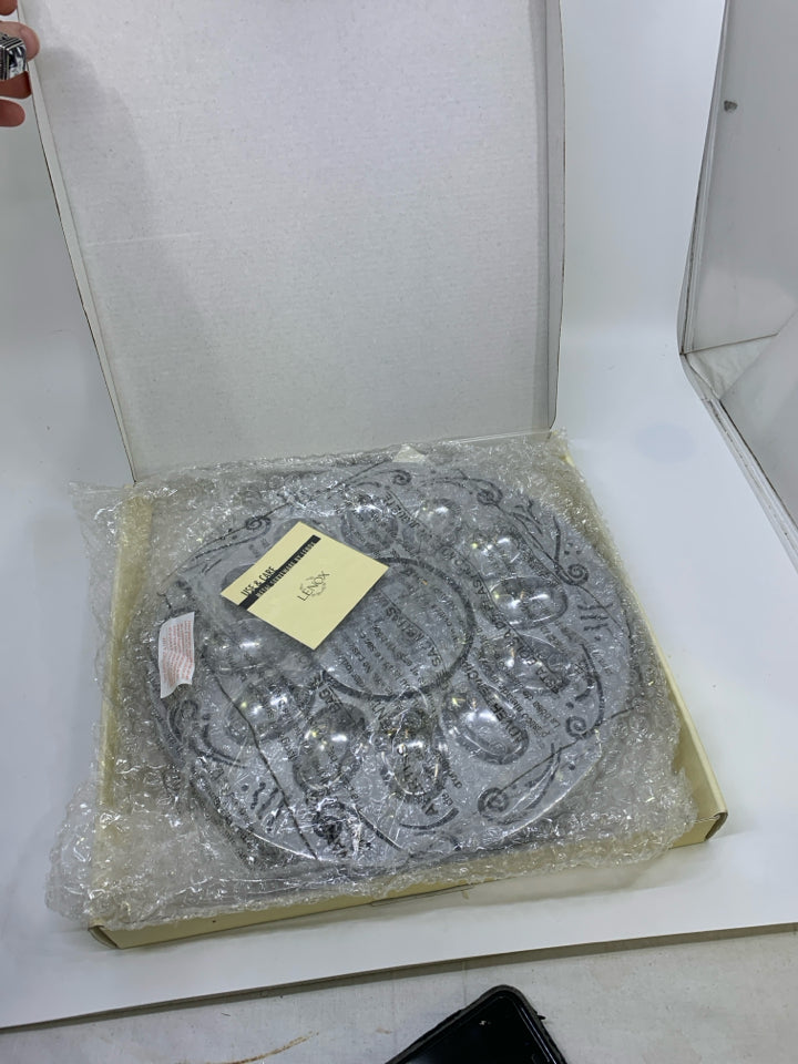 NIB SILVER METAL DEVILED EGG TRAY W/ CARVED DESIGNS.