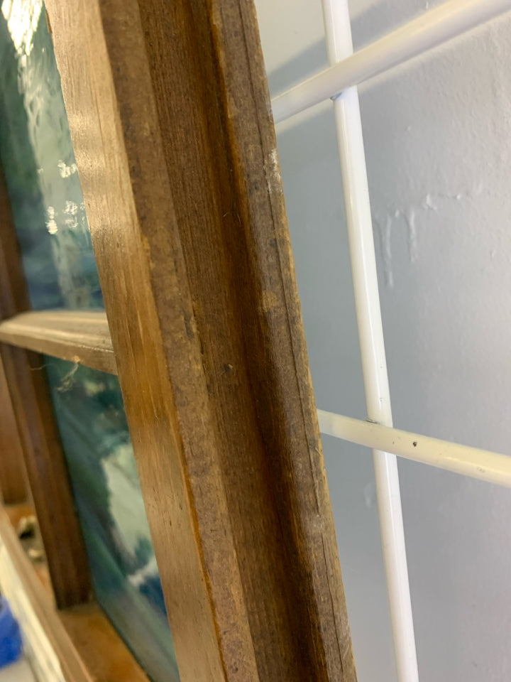 WOODEN MIRROR WINDOW-PANE W/BLUE&GREEN MARBLED GLASS.