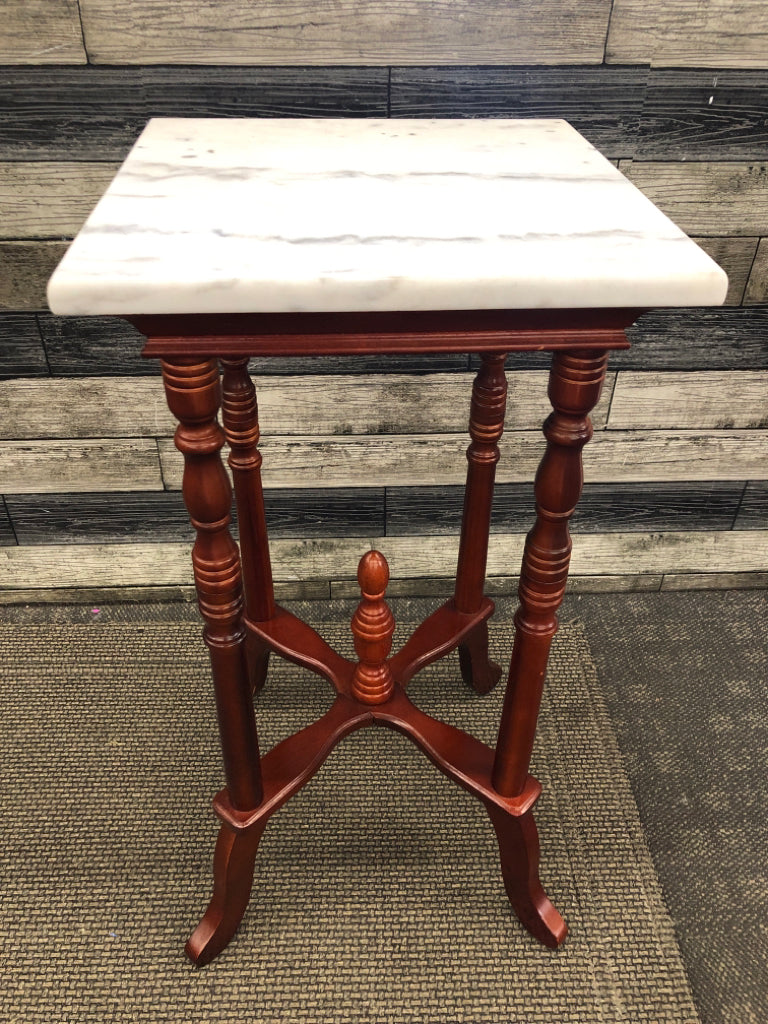CHERRY WOOD PLANT STAND W/ MARBLE TOP.