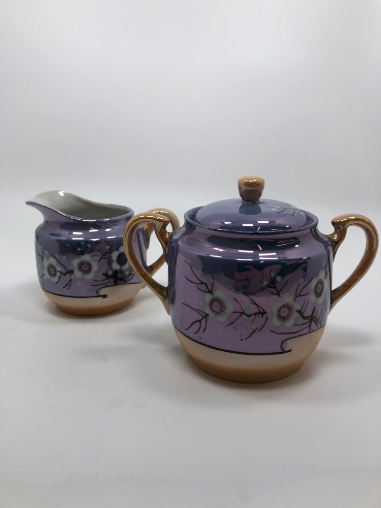 VTG BLUE & GOLD FLORAL CREAM & SUGAR SET.
