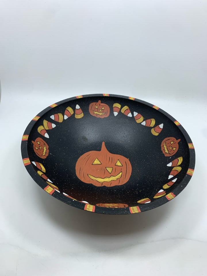 PAINTED WOOD PUMPKIN AND CANDY CORN BOWL.