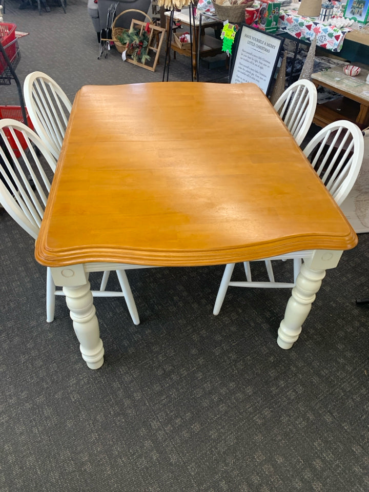 WHITE RECTANGLE EDGED DINING TABLE BLONDE TOP W/ 4 OVAL BACK CHAIRS.