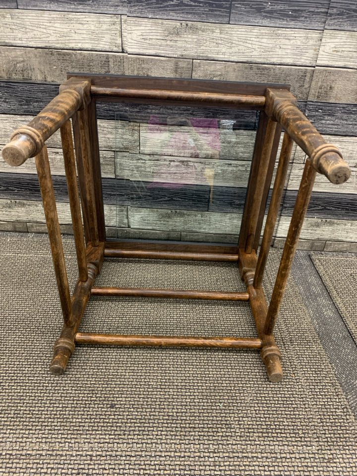 WOOD, GLASS TOP SIDE TABLE.