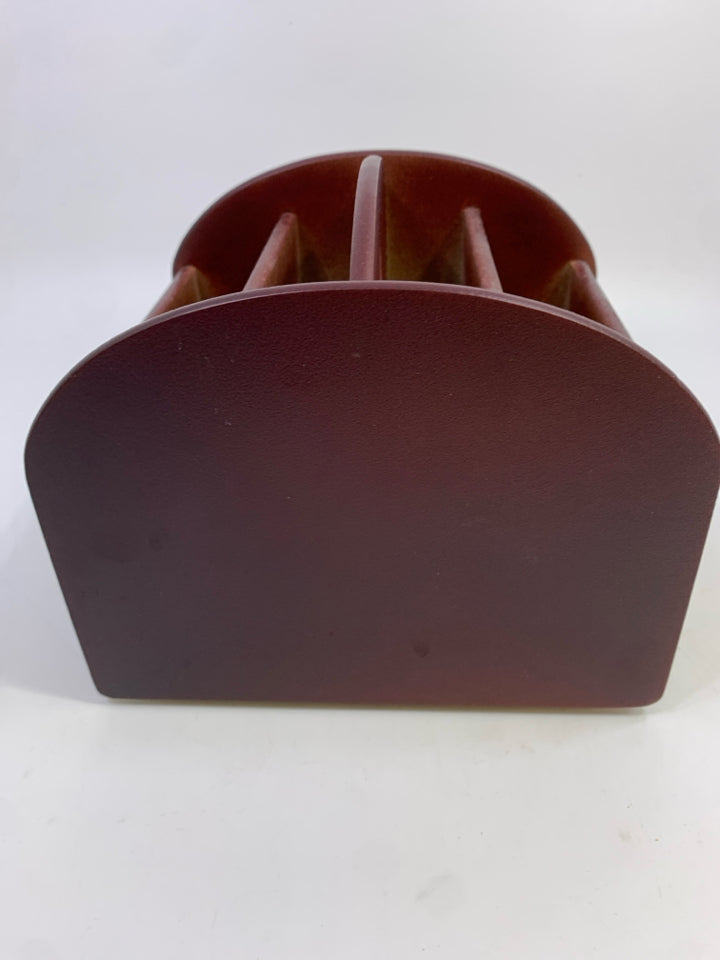 RED DESKTOP ORGANIZER ON SWIVEL.