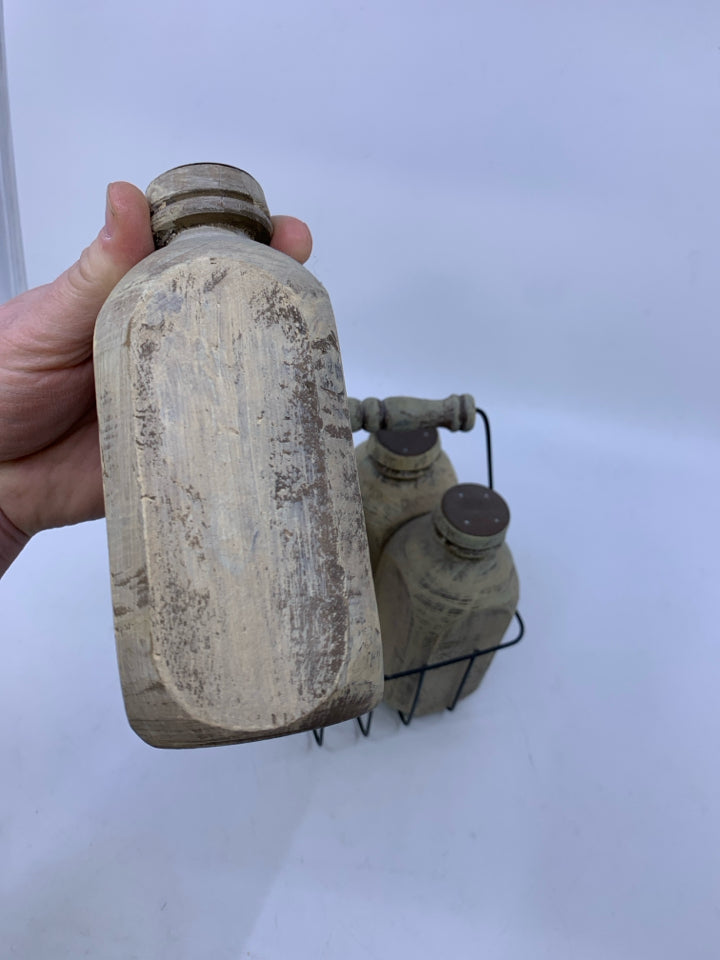 4 RUSTIC WOOD MILK BOTTLES IN CRATE.