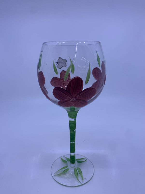 MAROON FLORAL PAINTED WINE GLASS.