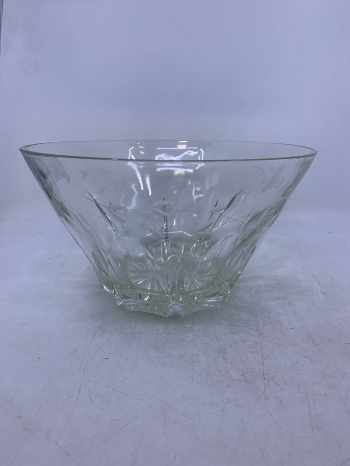 HEAVY LARGE ETCHED GLASS BOWL.