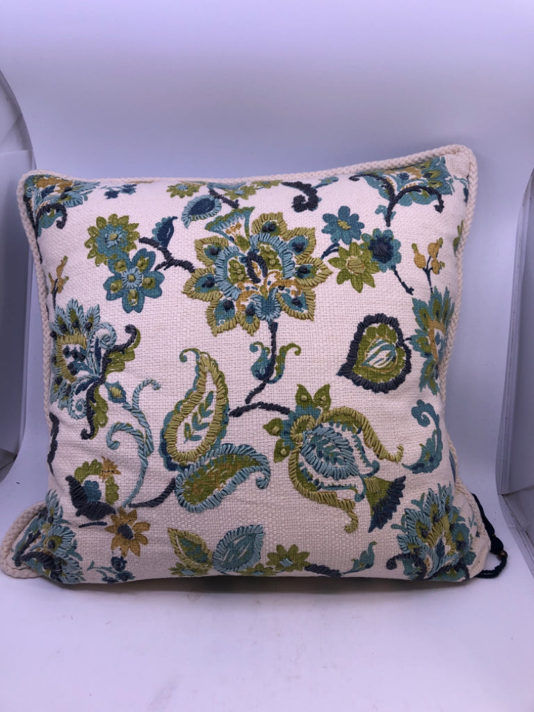 TEAL BLESSED W/FLORALS ACCENT PILLOW.