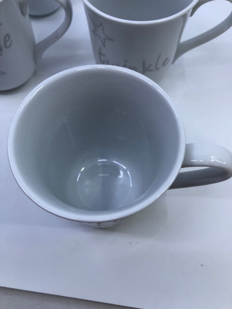 4 WHITE TWINKLE/SPARKLE MUGS.