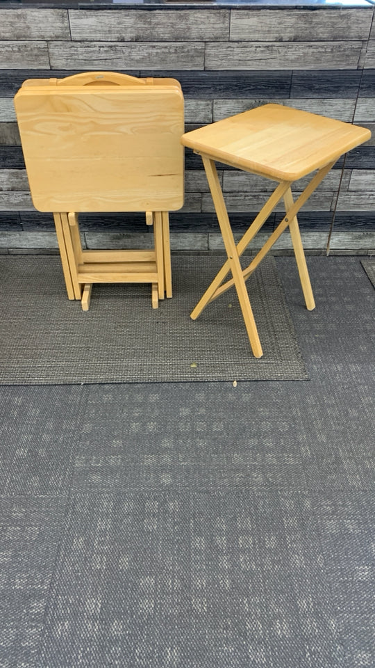 5PC WOODEN TV-TRAYS W/STAND.