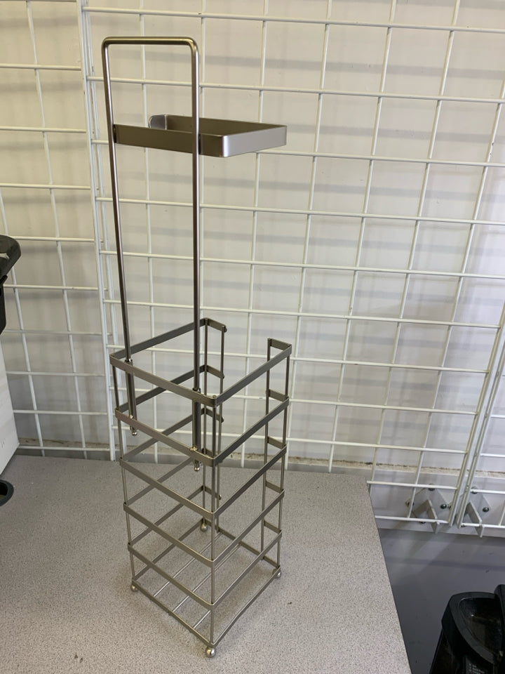 SILVER SQUARE SHAPE METAL TOILET PAPER HOLDER W/ EXTRA STORAGE.