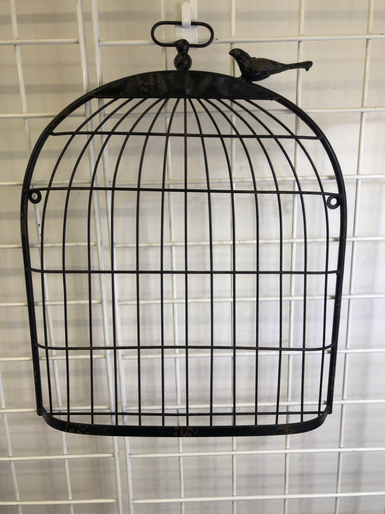 BLACK BIRD CAGE WALL HANGING W/BIRD ON TOP.
