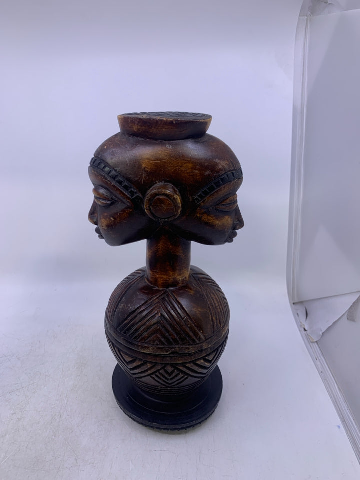 WOOD CARVED DOUBLE FACE FOOTED COVERED BOWL FOLK ART.