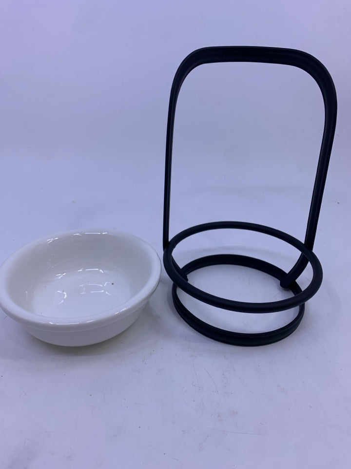 2 PC BLACK METAL WHITE BOWL SPOON REST.