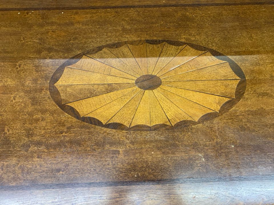 CHERRY WOOD COCKTAIL TABLE W/ INLAY 2 DRAWERS.